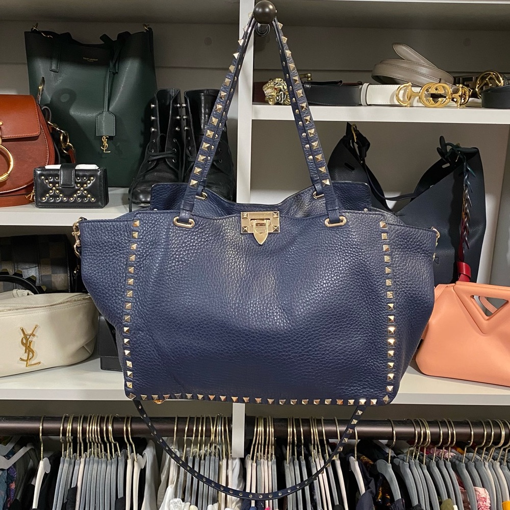 Medium Valentino Garavani Rockstud Tote Navy Grainy Leather RARE COLOR